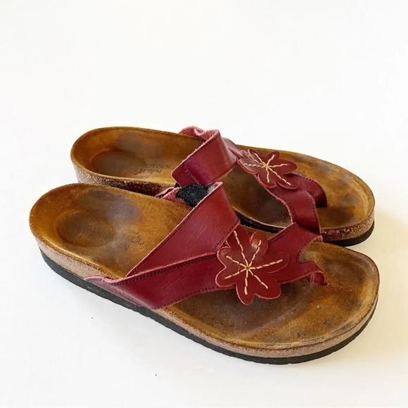 NAOT Dark Red Leather Floral Motif Cork Sandals Women’s Size 12‎ Summer Slides - Picture 11 of 11